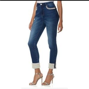 Boston Proper Blue Pearl-Trimmed Cropped Jeans